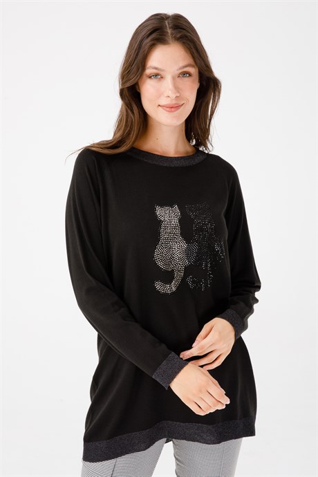 Kedi Taşlı Triko Bluz-Siyah