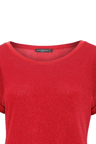 Simli Sıfır Yaka Penye Bluz-Kırmızı